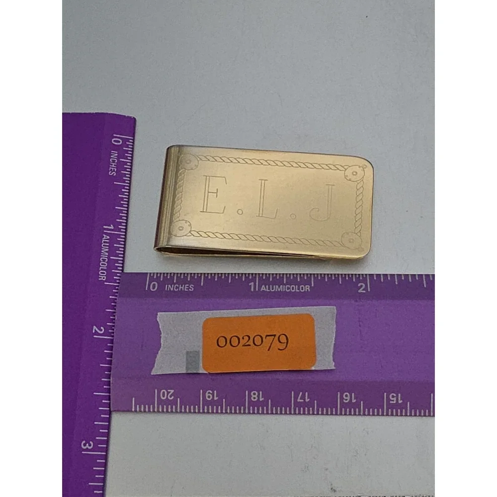 Vtg E.L.J. Monogramed Money Clip Credit Card Holder‎ Gold Plate FREE $HIPPING!!